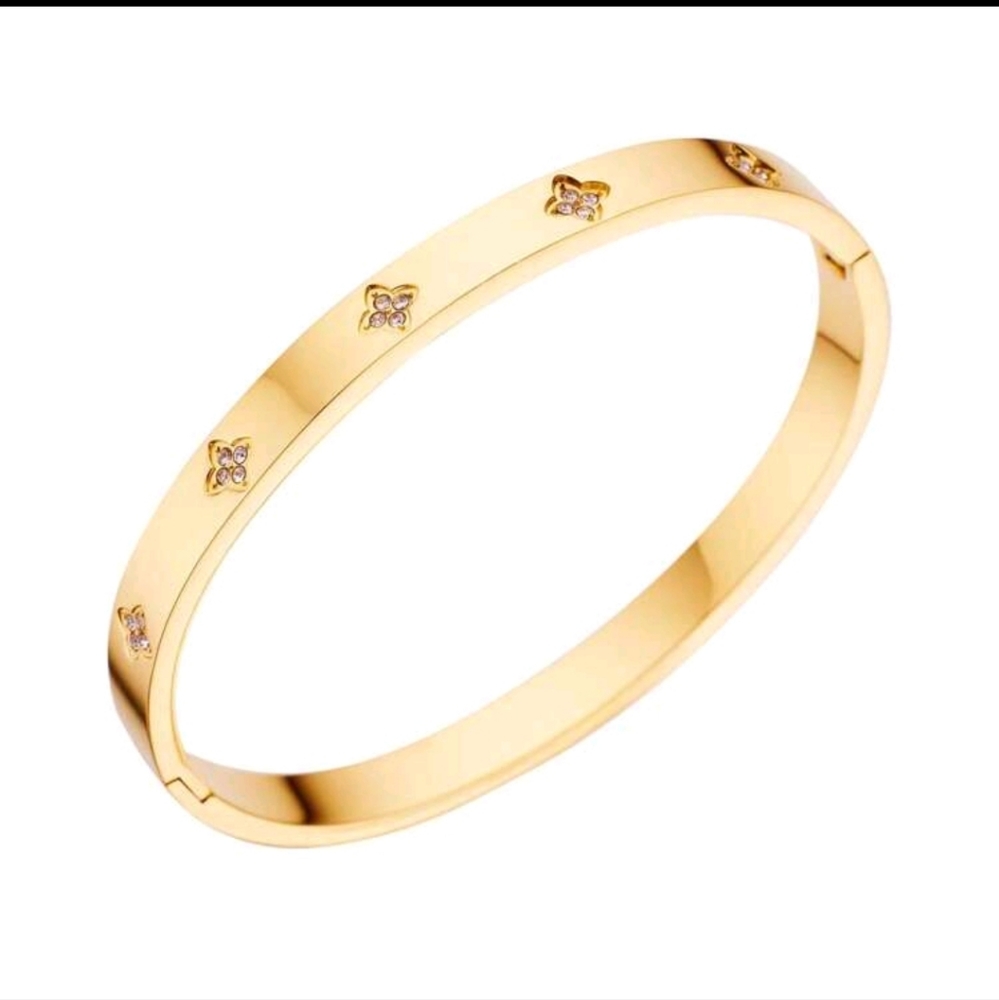 1pc Fashionable Flower & Cubic Zirconia Decor Stainless Steel Bangle